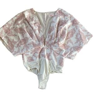 Showpo Size 8 Bodysuit Blouse | Pink Paisley, Plunge Neck, Kimono, Coquette EUC
